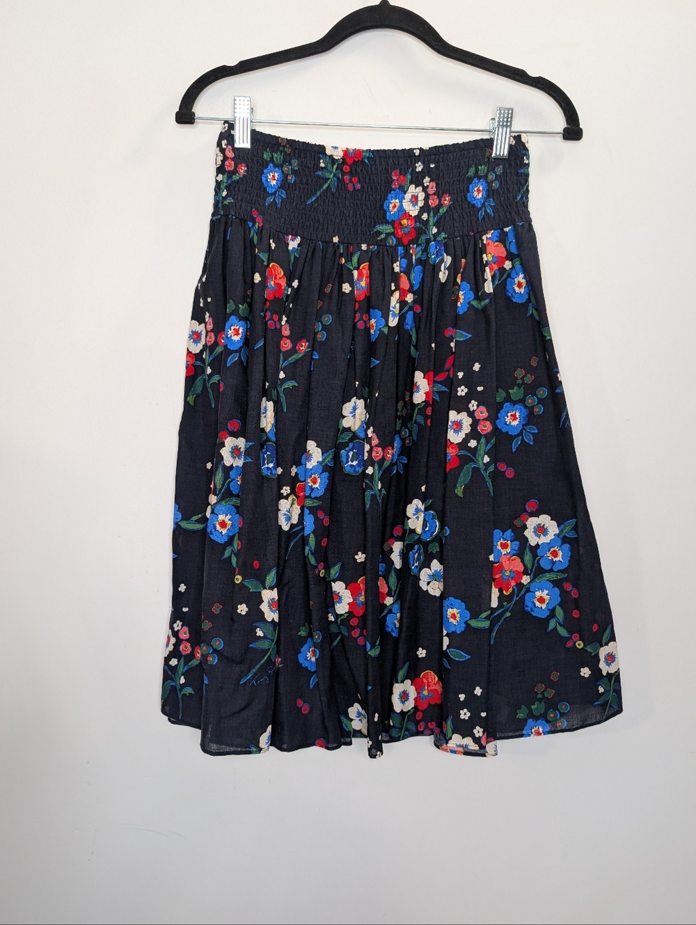Tory Burch Silk Wool Floral Smocked Waist Skirt Navy Boho Mini Size 6 - Picture 2 of 6